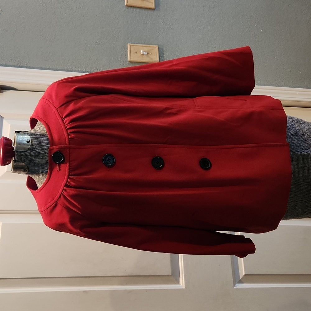 Kasper, cherry red, jacket. Button down, 3/4 sleeve, round neck, lined, size 8